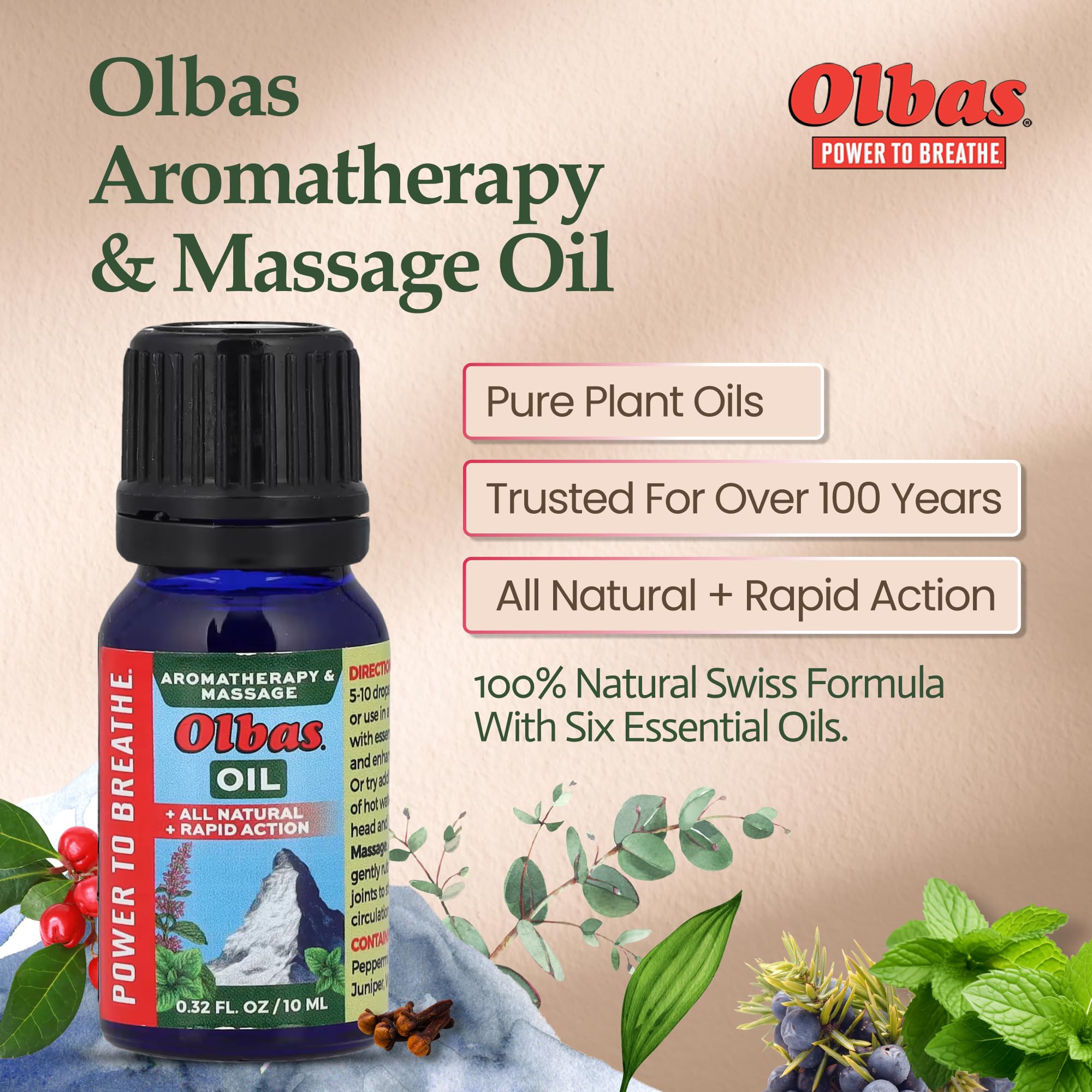 Closeup of Olbas amber bottle highlighting Swiss herb blend for soothing massage.