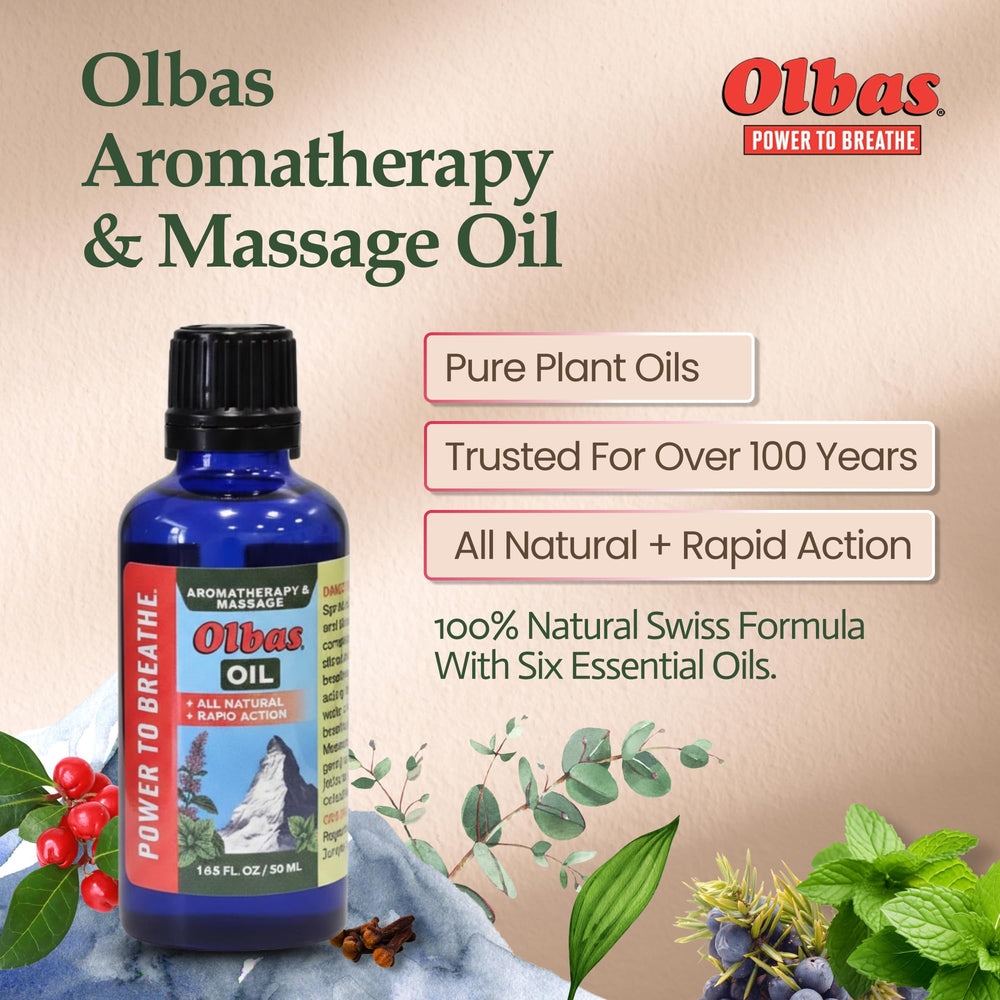 Olbas Massage Oil label on Swiss packaging signaling premium herbal blend