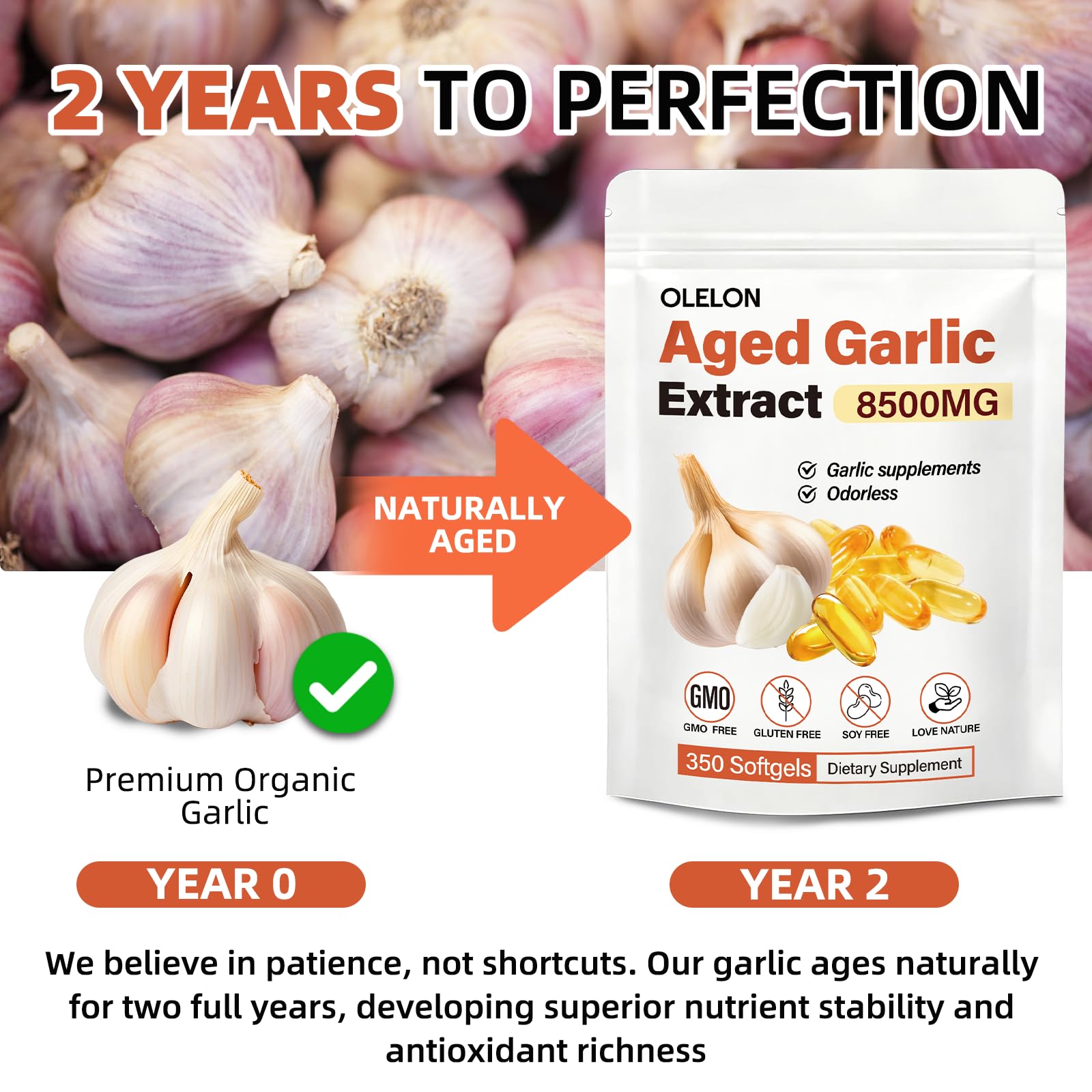 OLELON 350 softgels pack offers a long lasting daily garlic routine.