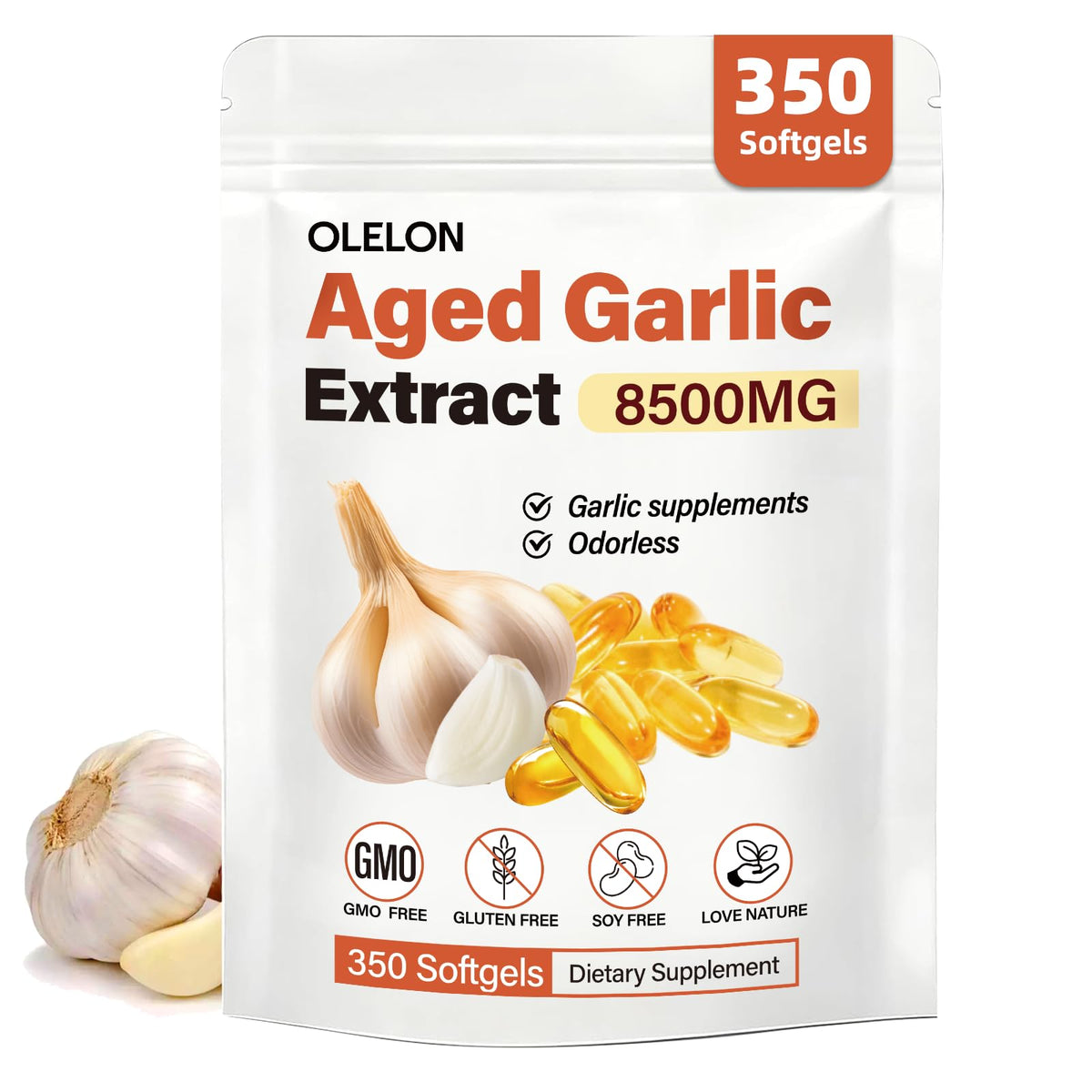 OLELON aged garlic extract bottle shows odorless daily support.