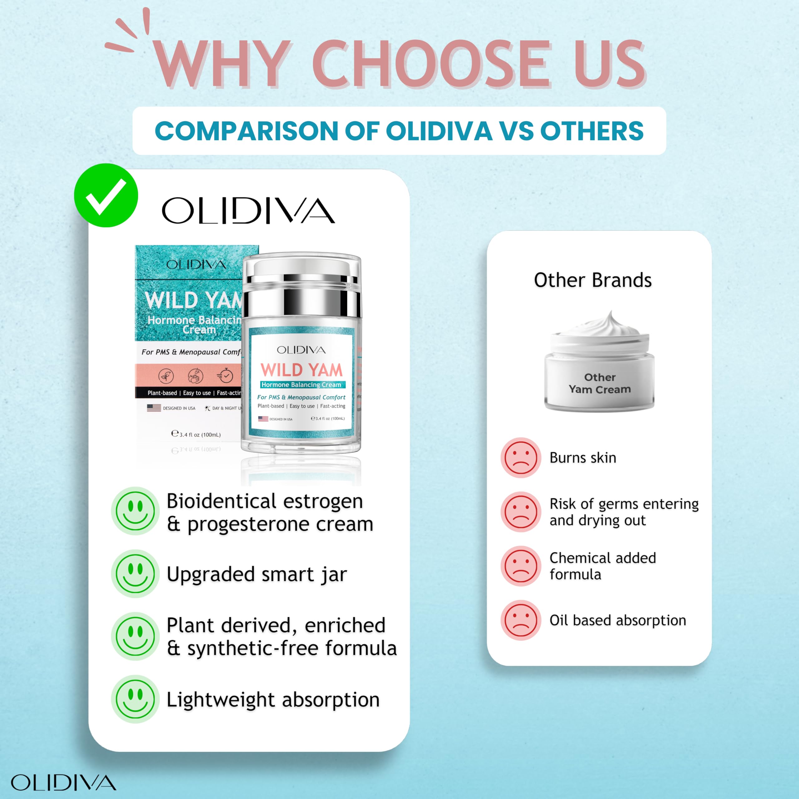 Olidiva Wild Yam Cream airless pump keeps product fresh