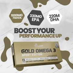 OLIMP Gold Omega 3 packaging with purity seal and ingredient list