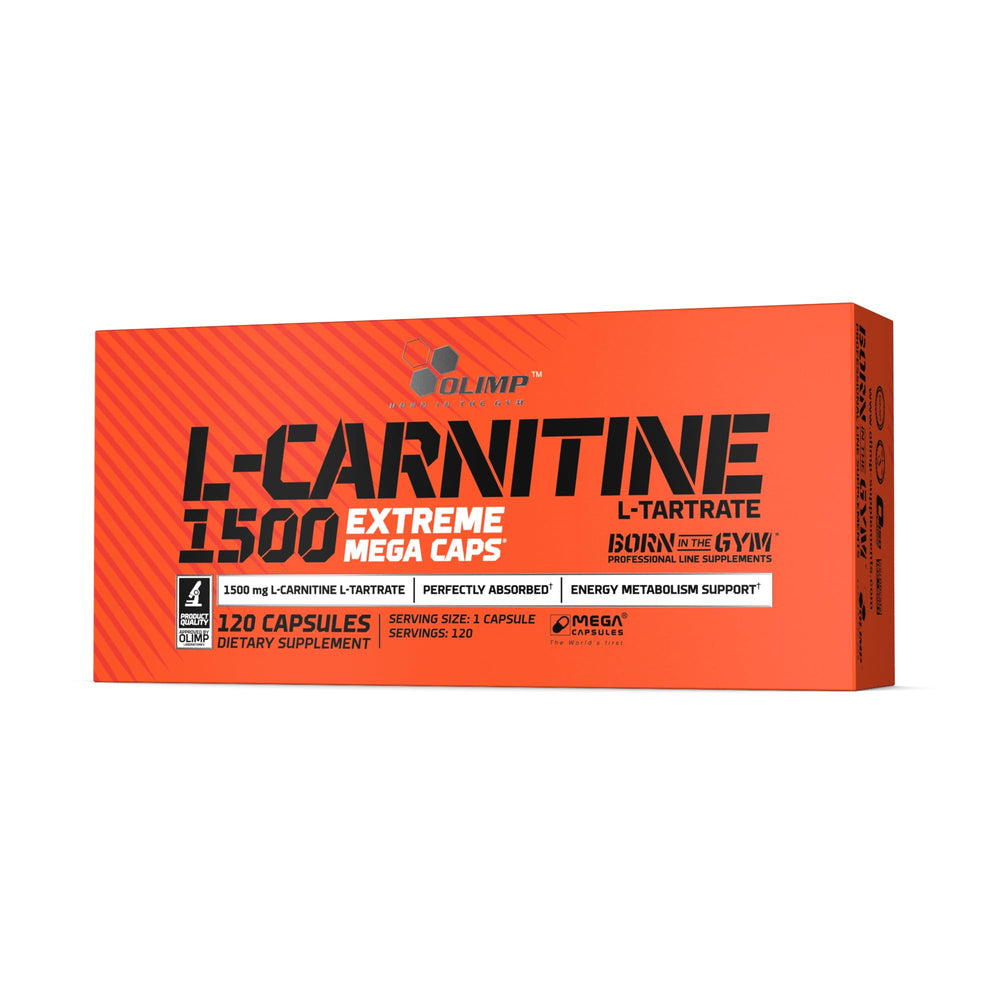 Olimp L-Carnitine 1500 Mega Caps bottle front view highlighting energy support for workouts