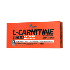 Olimp L-Carnitine 1500 Mega Caps bottle front view highlighting energy support for workouts