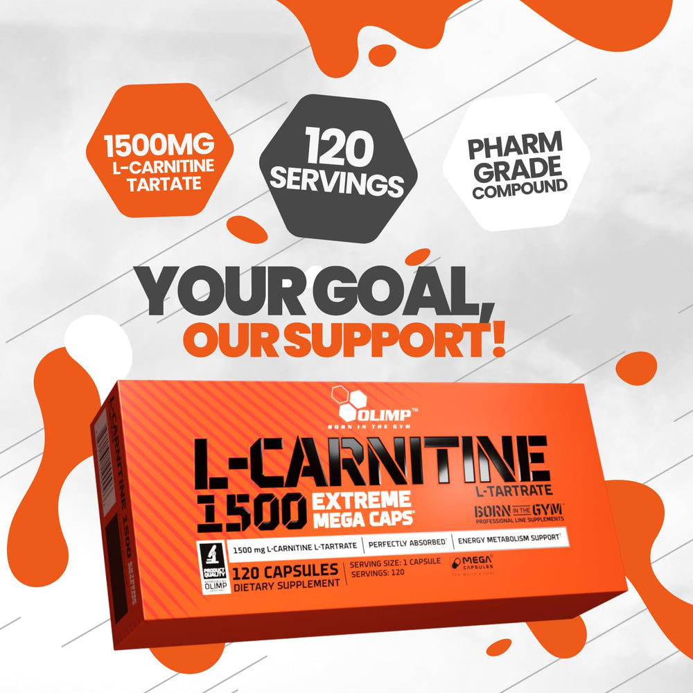 Olimp L-Carnitine 1500 Mega Caps capsules in a container illustrating daily dose