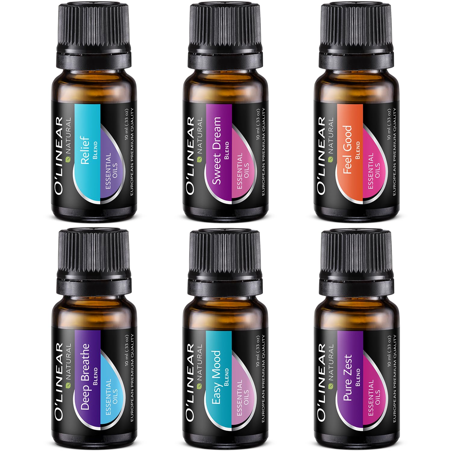O'Linear essential oils six-blend gift set packaging on display.