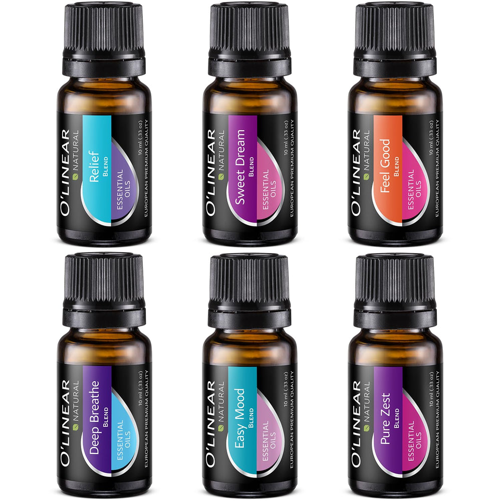 O'Linear essential oils six-blend gift set packaging on display.
