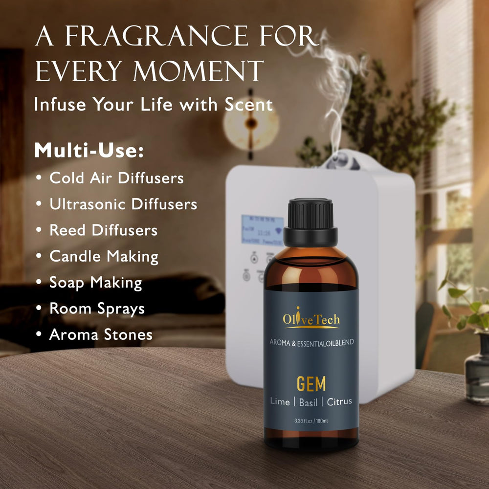 OliveTech GEM diffuser in action releasing balanced aroma in ultrasonic diffuser.