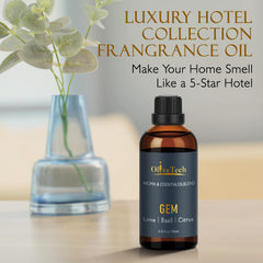 OliveTech GEM diffuser oil label close-up highlights branding and quality.