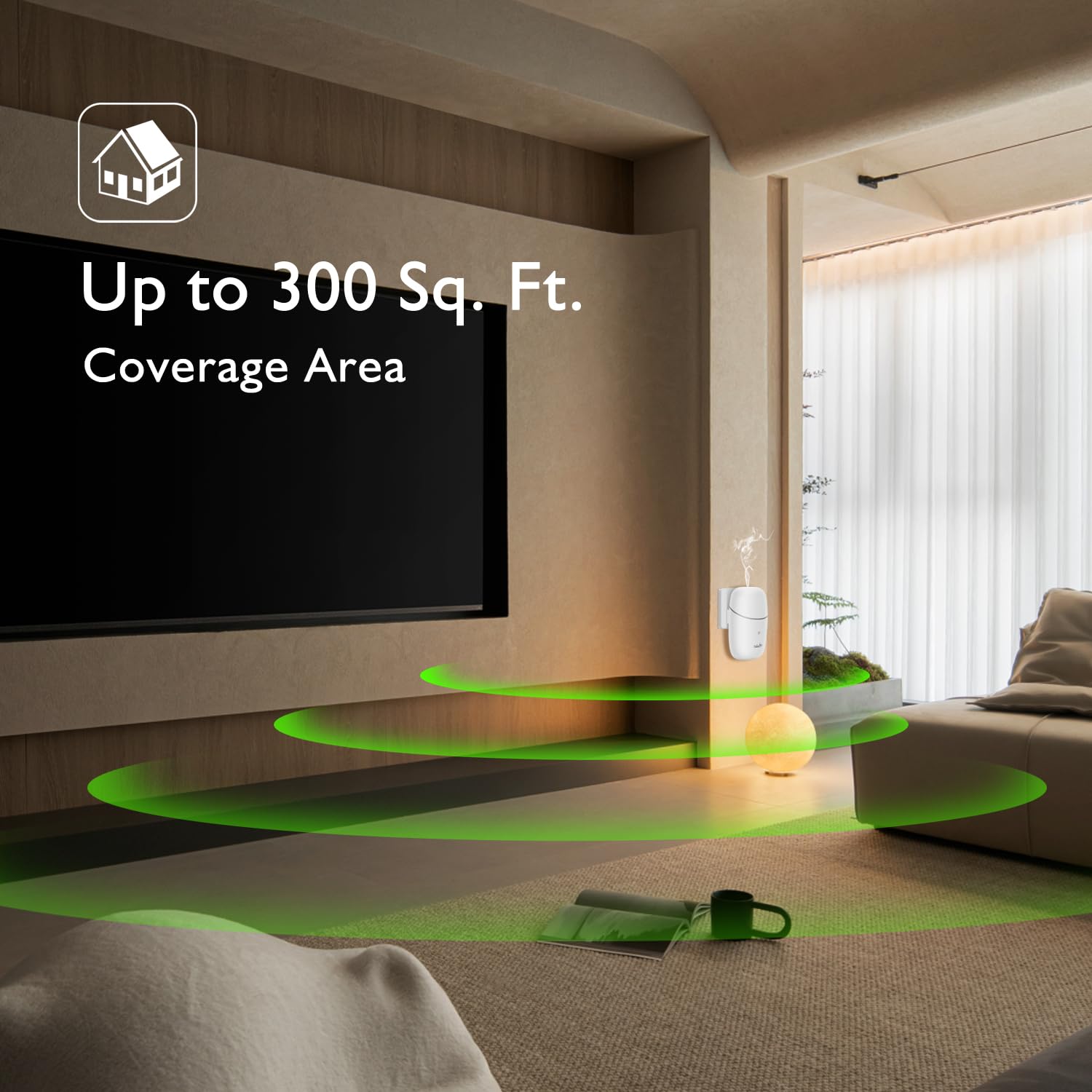 OliveTech diffuser on wall outlet, compact design saving space.