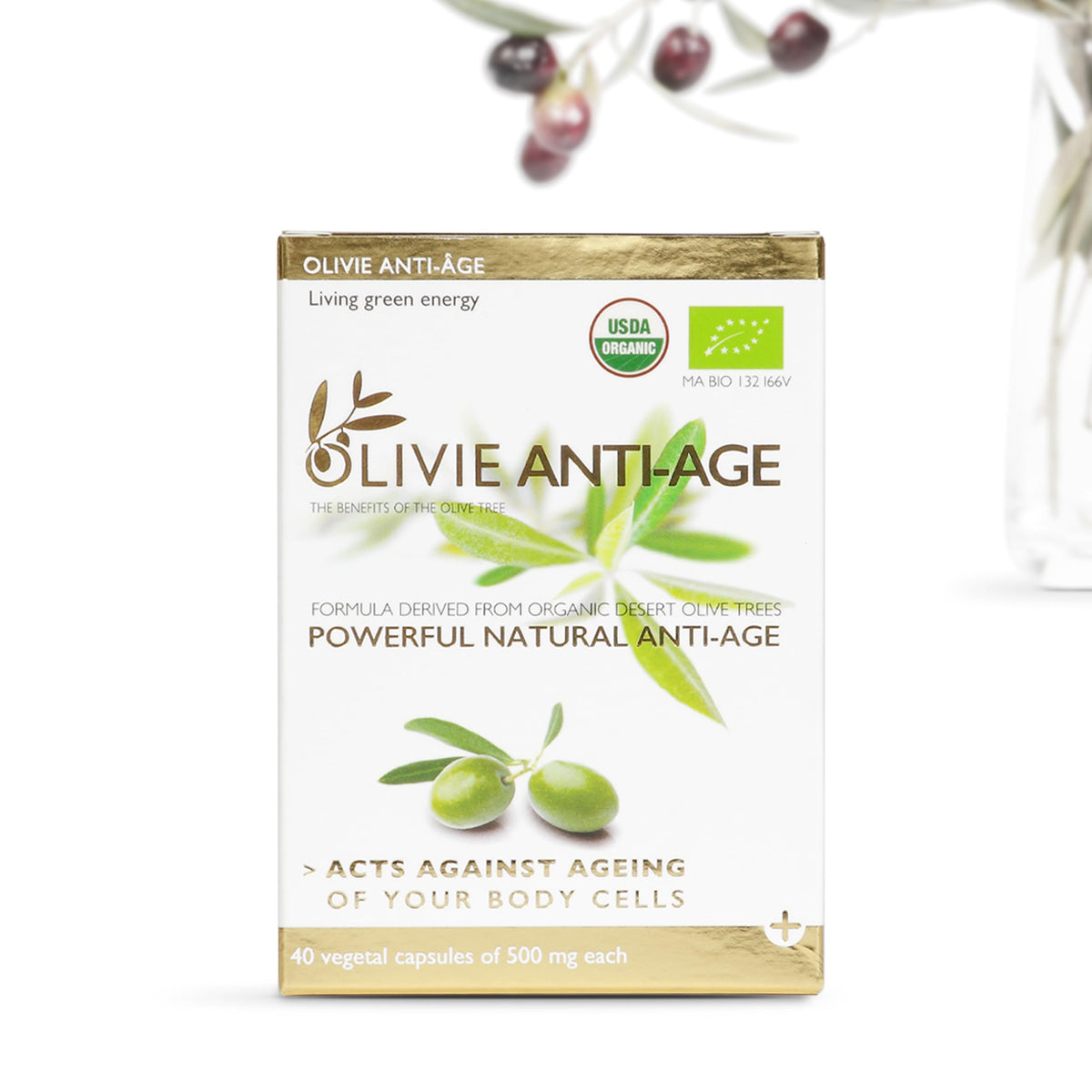 OLIVIE organic olive leaf extract bottle showing the antioxidant capsule blend