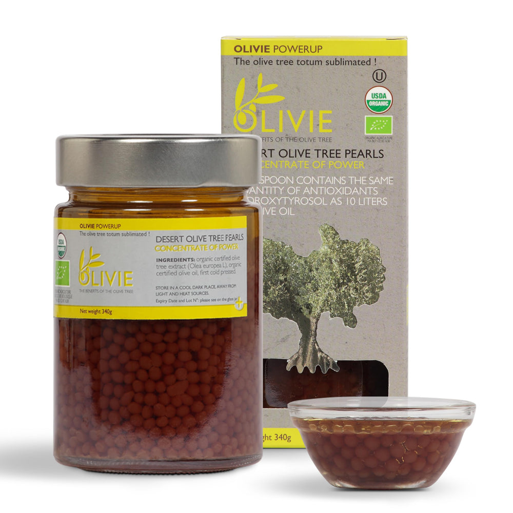 OLIVIE PowerUp Pearls bottle with olive leaf extract capsules for polyphenol support