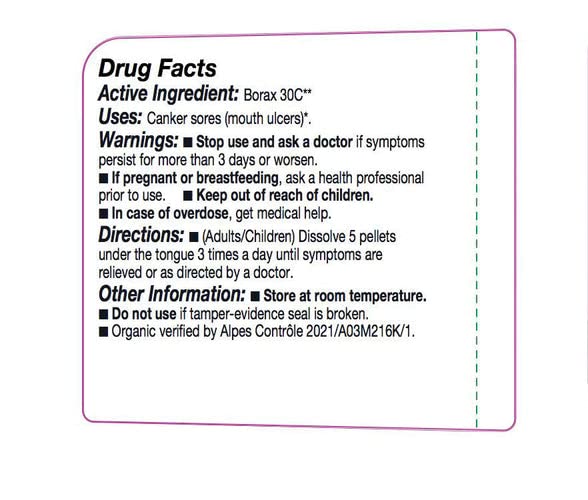 Close-up of OLLOÏS Borax 30c organic pellets, ready for everyday homeopathic routines.