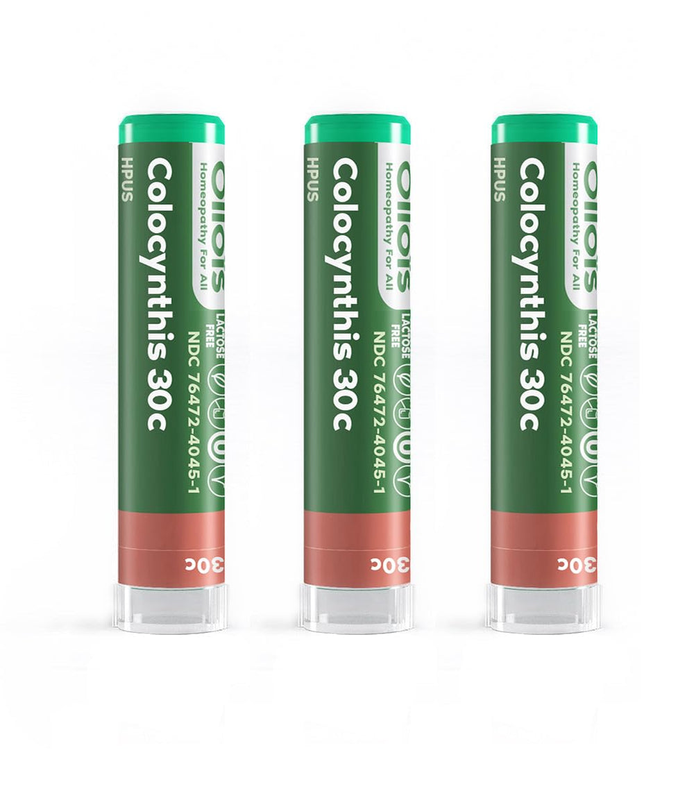 OLLOÏS Colocynthis 30c bottle close-up, convenient homeopathic option for occasional cramps.