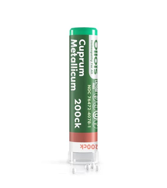 Cuprum Metallicum label closeup, highlighting organic, lactose-free, vegan homeopathic medicine.