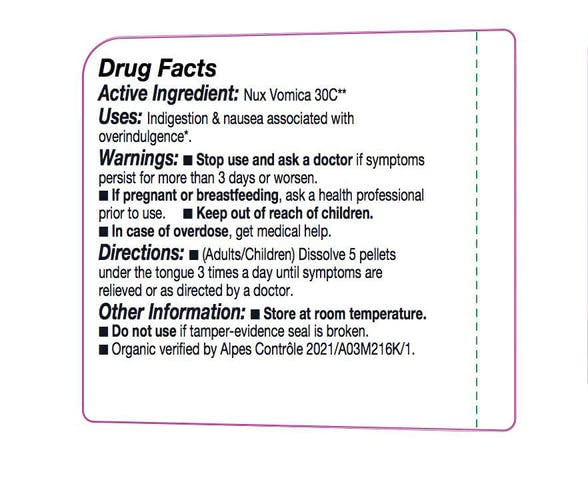 OLLOÏS Nux Vomica 30c packaging box emphasizing organic certification and kosher compliance