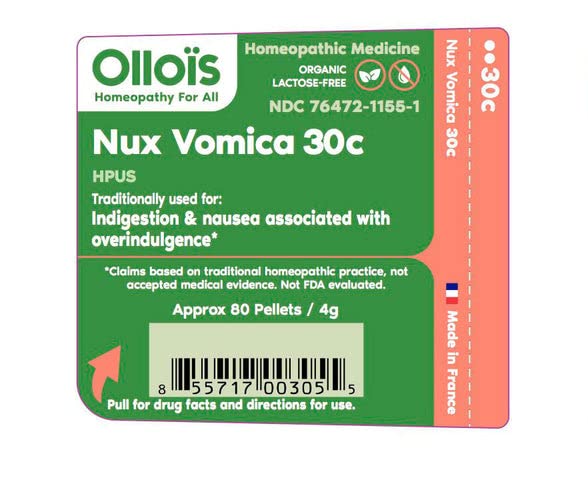 OLLOÏS Nux Vomica 30c pellets in container highlighting lactose-free and gluten-free formulation