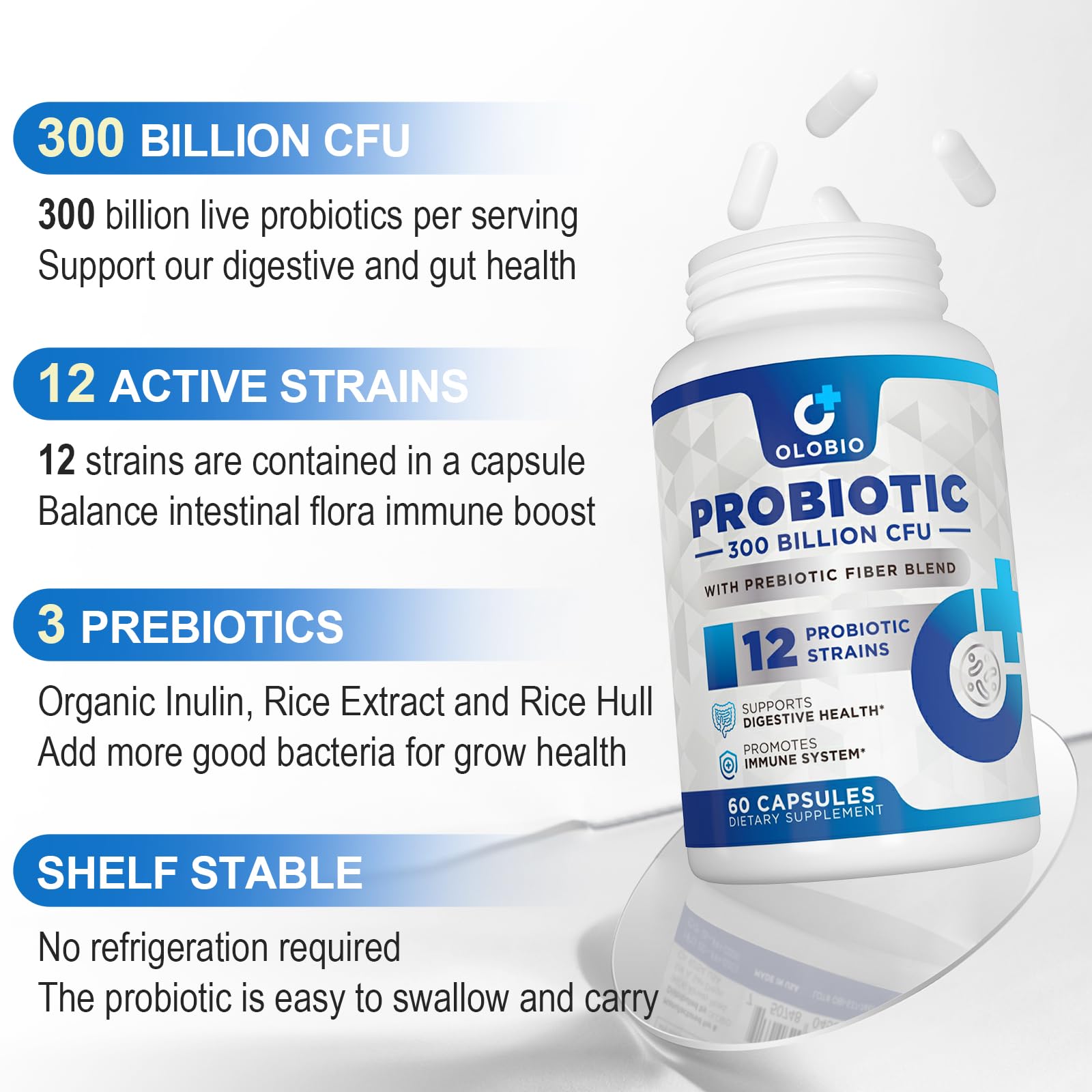 OLOBIO 12-strain probiotic blend diagram showing diverse gut-supporting strains.