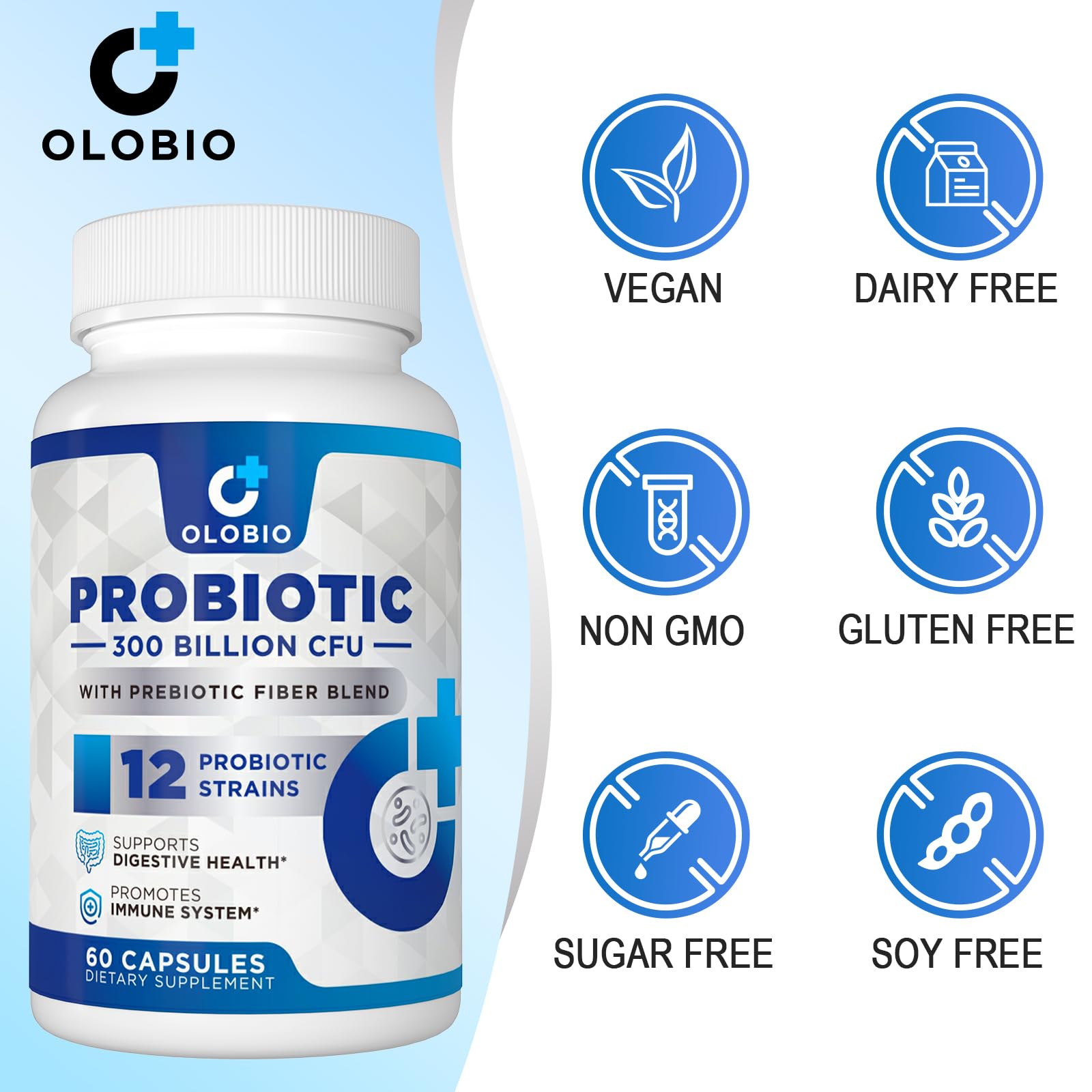 OLOBIO capsule close-up featuring 12 strains and prebiotics