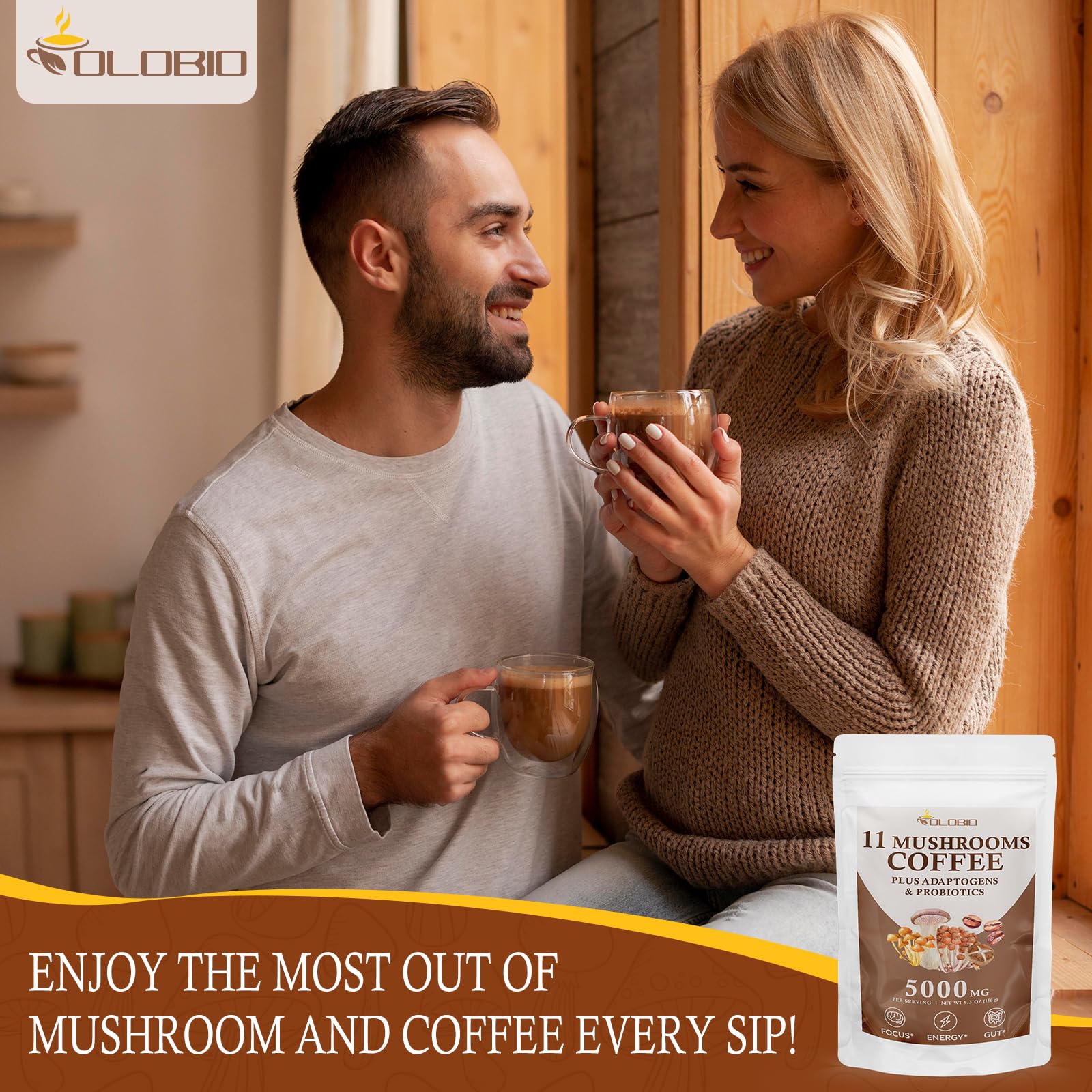 OLOBIO cup of Mushroom Coffee showing creamy aroma