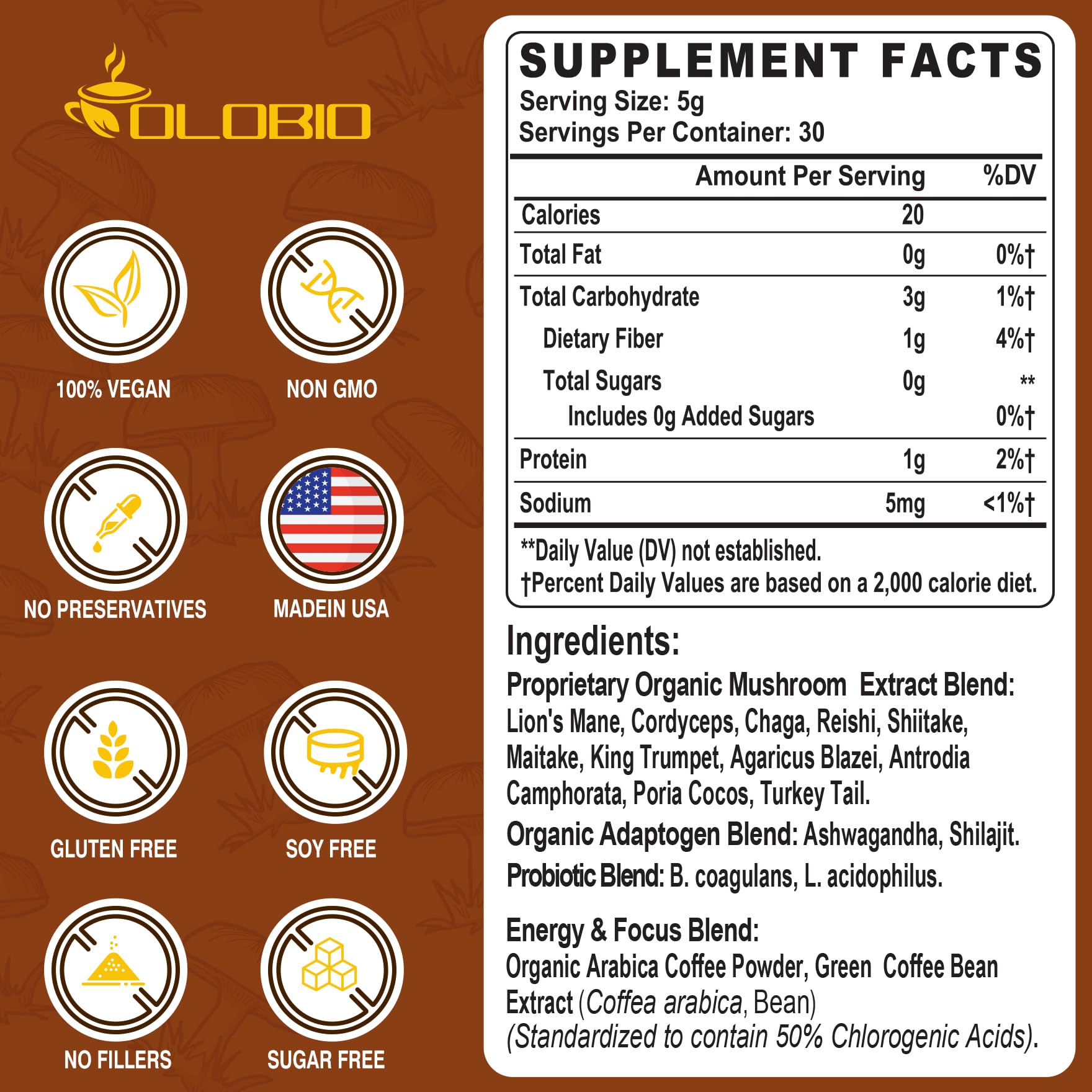 OLOBIO label highlights adaptogens and probiotics for daily wellness