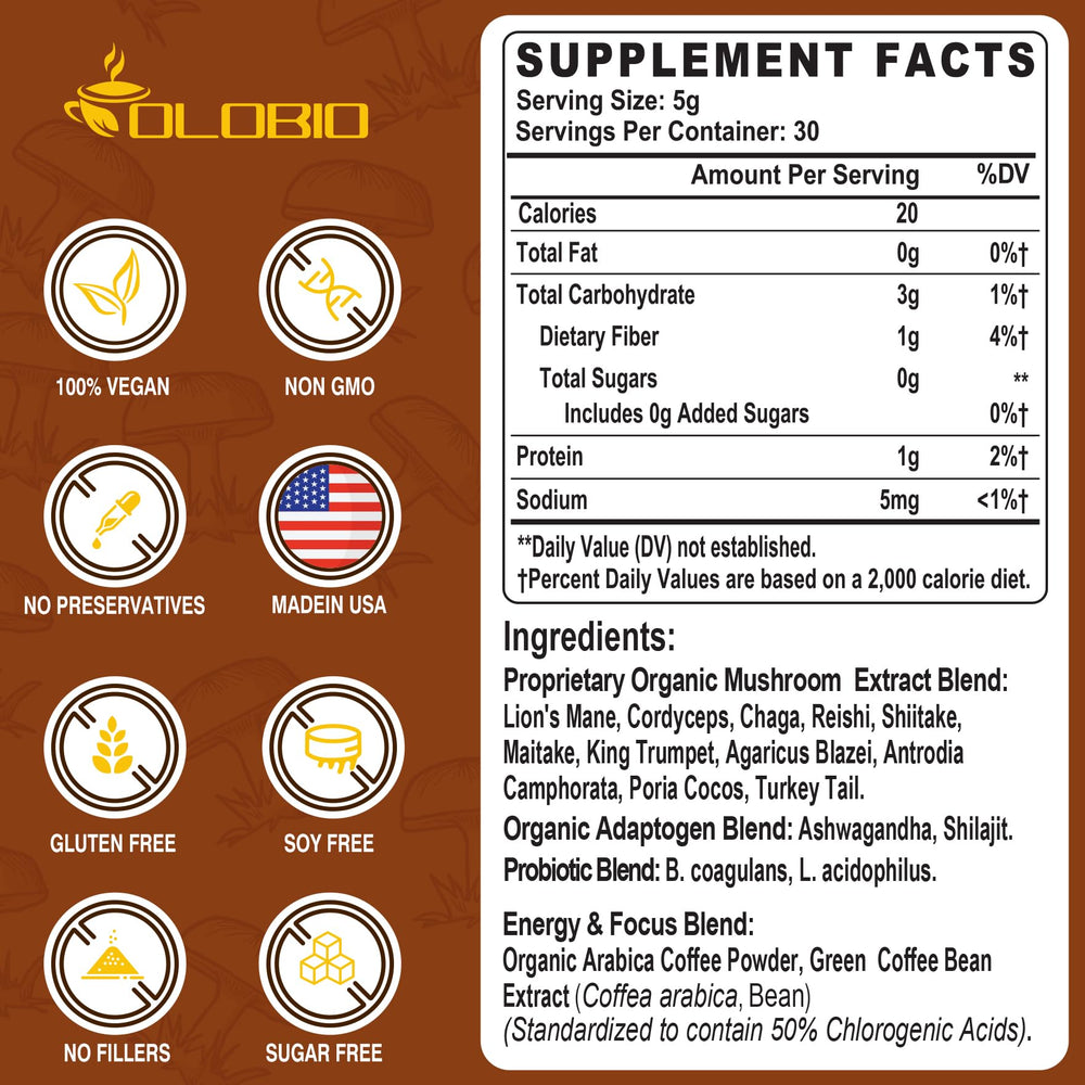 OLOBIO label highlights adaptogens and probiotics for daily wellness