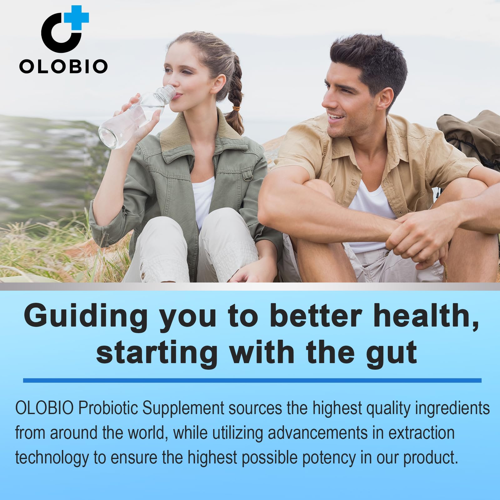 OLOBIO vegan, gluten-free probiotic formula label signals clean profile.