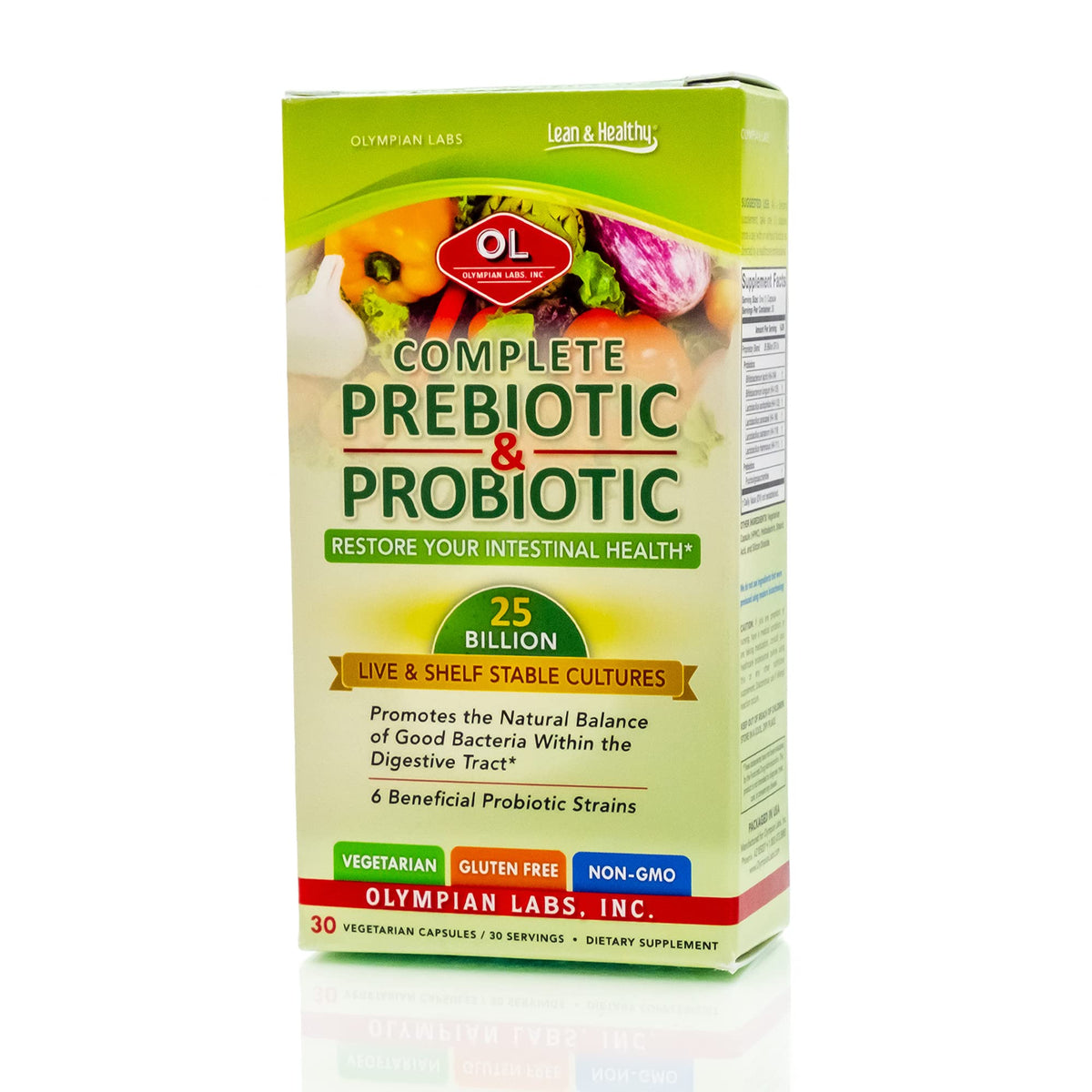 Olympian Labs Complete Prebiotic and Probiotic bottle on shelf promoting digestive balance.