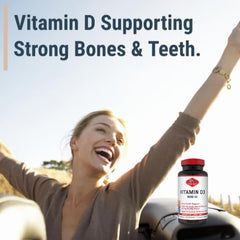 Label on Olympian Labs Vitamin D3 3000 IU bottle showing dosage and benefits.