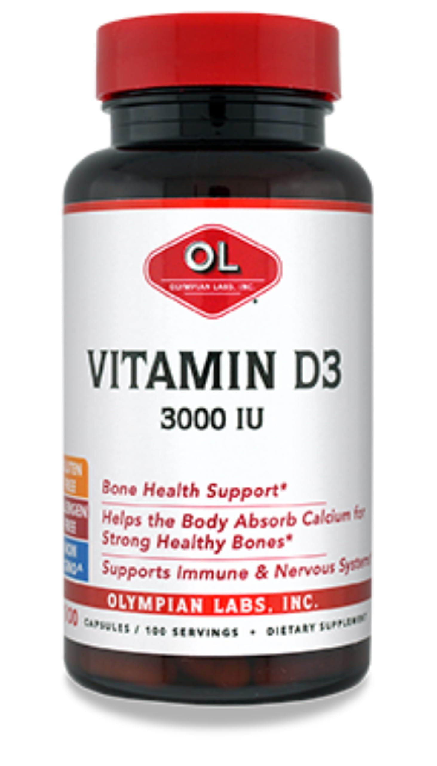 Olympian Labs Vitamin D3 3000 IU capsule bottle supports bone health.