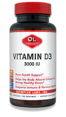 Olympian Labs Vitamin D3 3000 IU capsule bottle supports bone health.