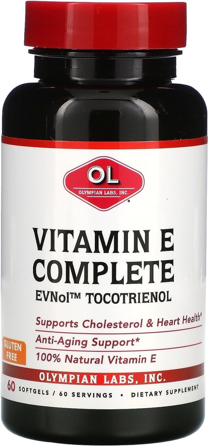 Olympian Labs Vitamin E Complete Tocomin bottle shows full-spectrum tocotrienols for balanced support.