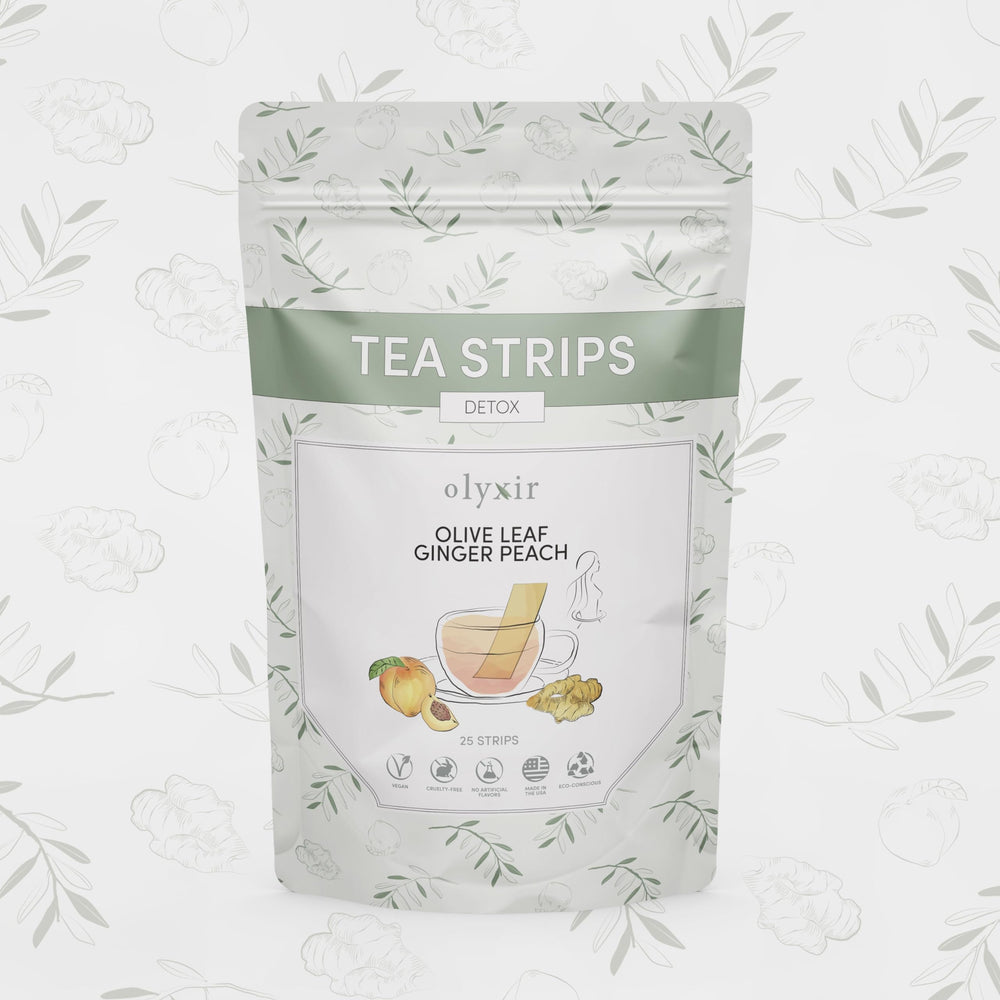 Olyxir Detox Tea Strips pack with olive leaf, ginger, and peach flavors; convenient on-the-go wellness ritual.