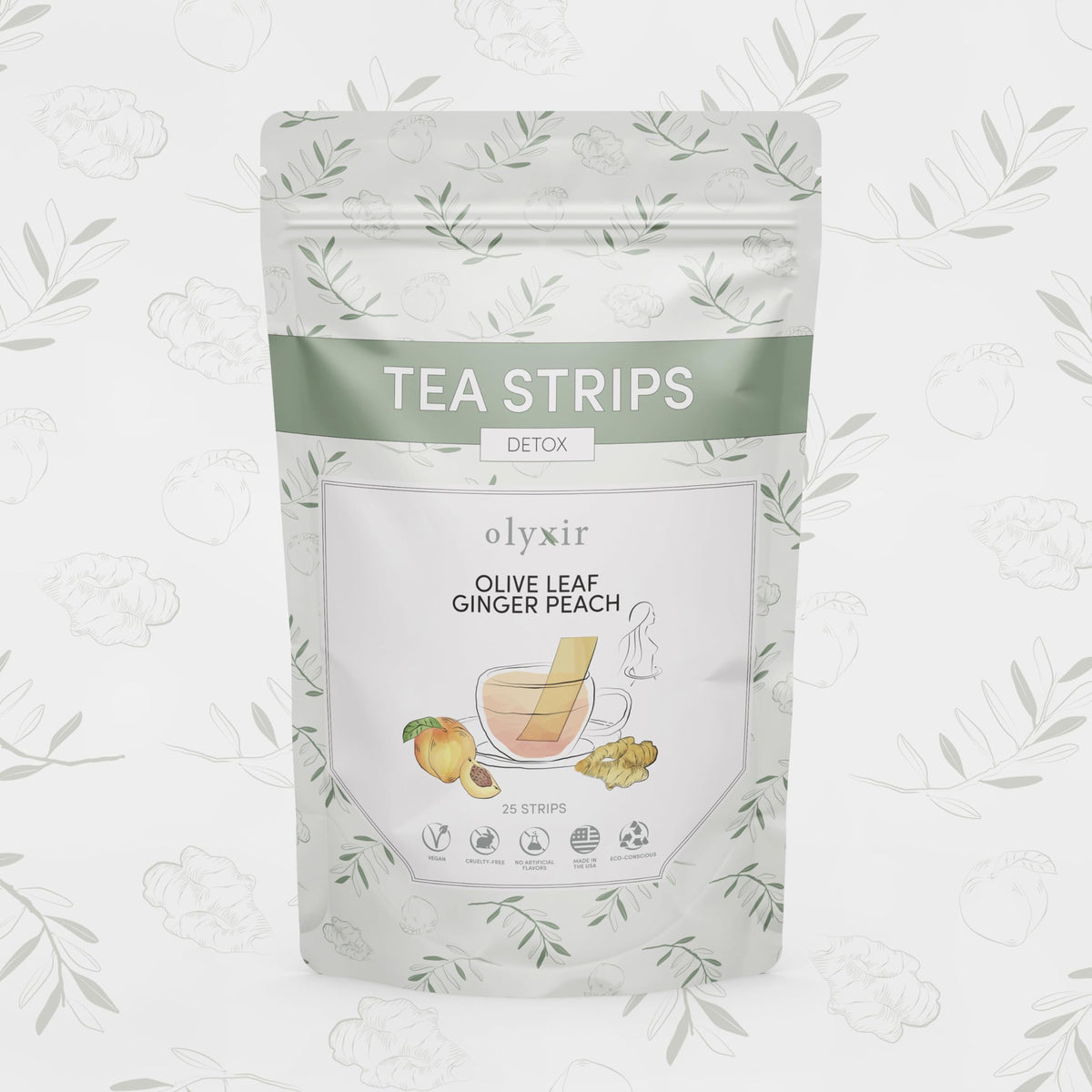 Olyxir Detox Tea Strips pack with olive leaf, ginger, and peach flavors; convenient on-the-go wellness ritual.