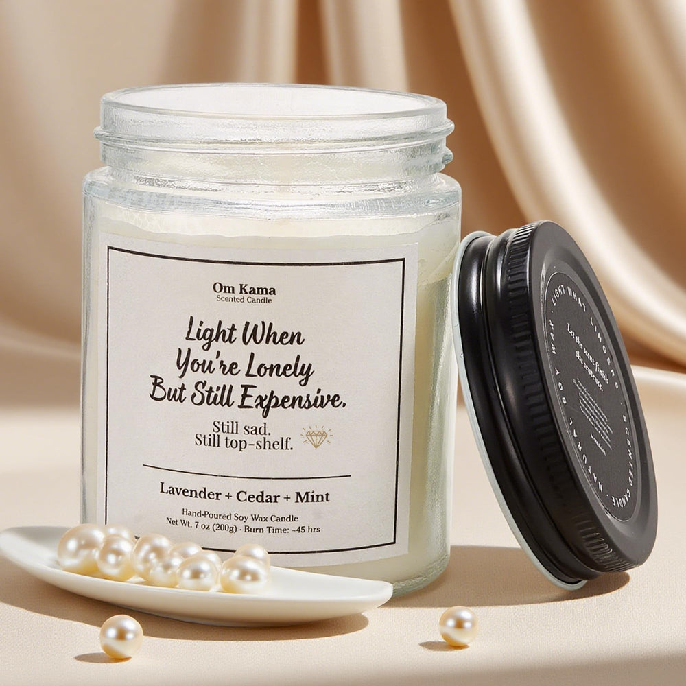 Om Kama 7oz-long-burn soy-wax promises hours of warm, inviting glow.