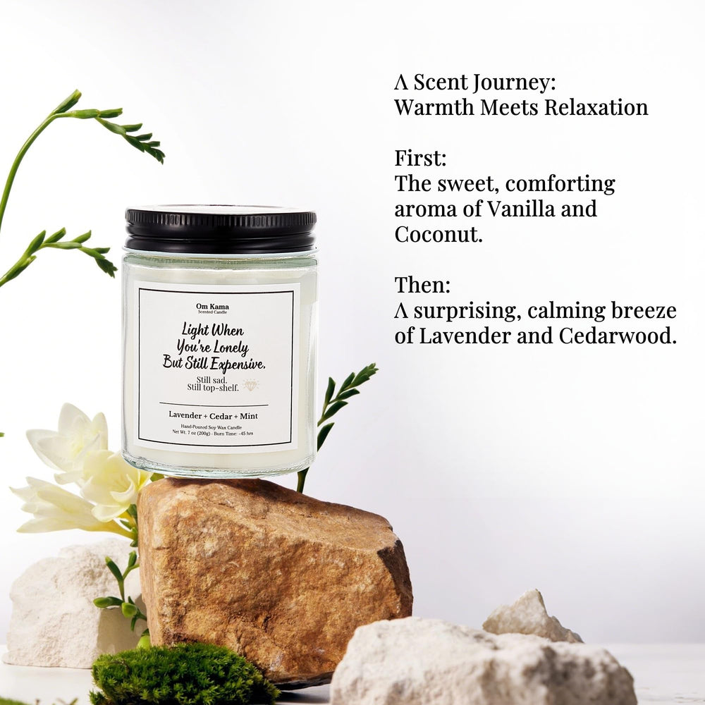 Om Kama dual-layer scent vanilla-coconut-brandy delivers evolving aroma for living room ambiance.