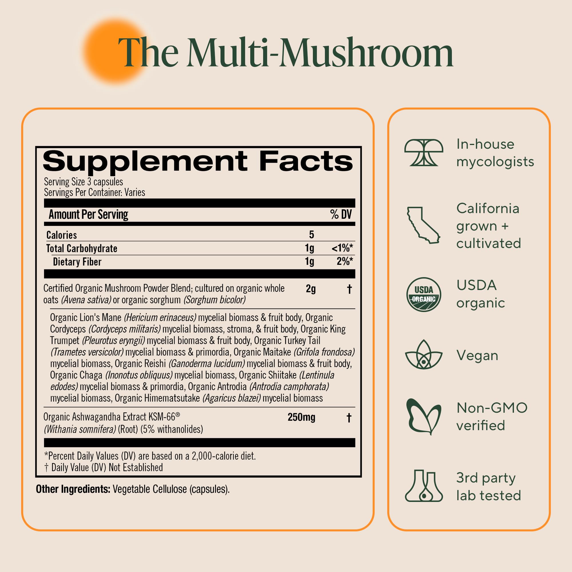 OM Master Blend with Ashwagandha icon suggests adaptogenic support.