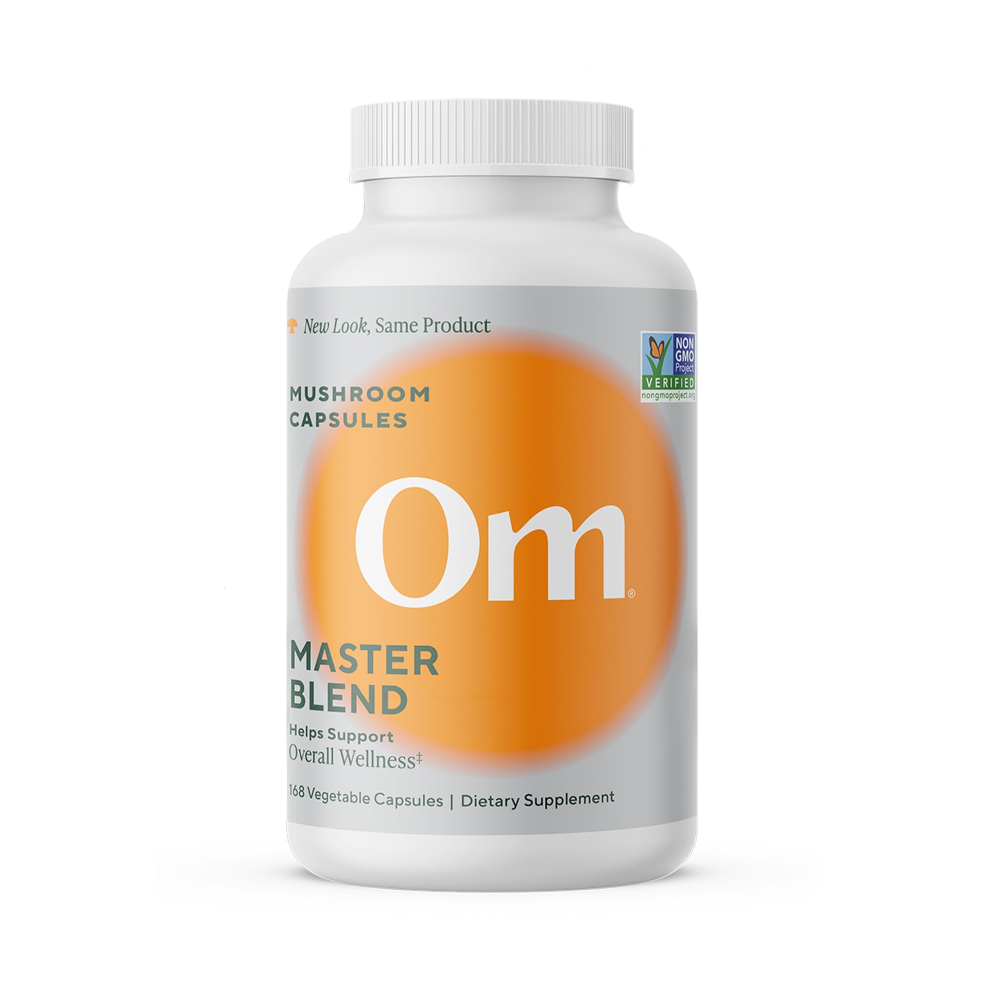 OM Master Blend capsules in bottle front showcase the product packaging for easy daily use.