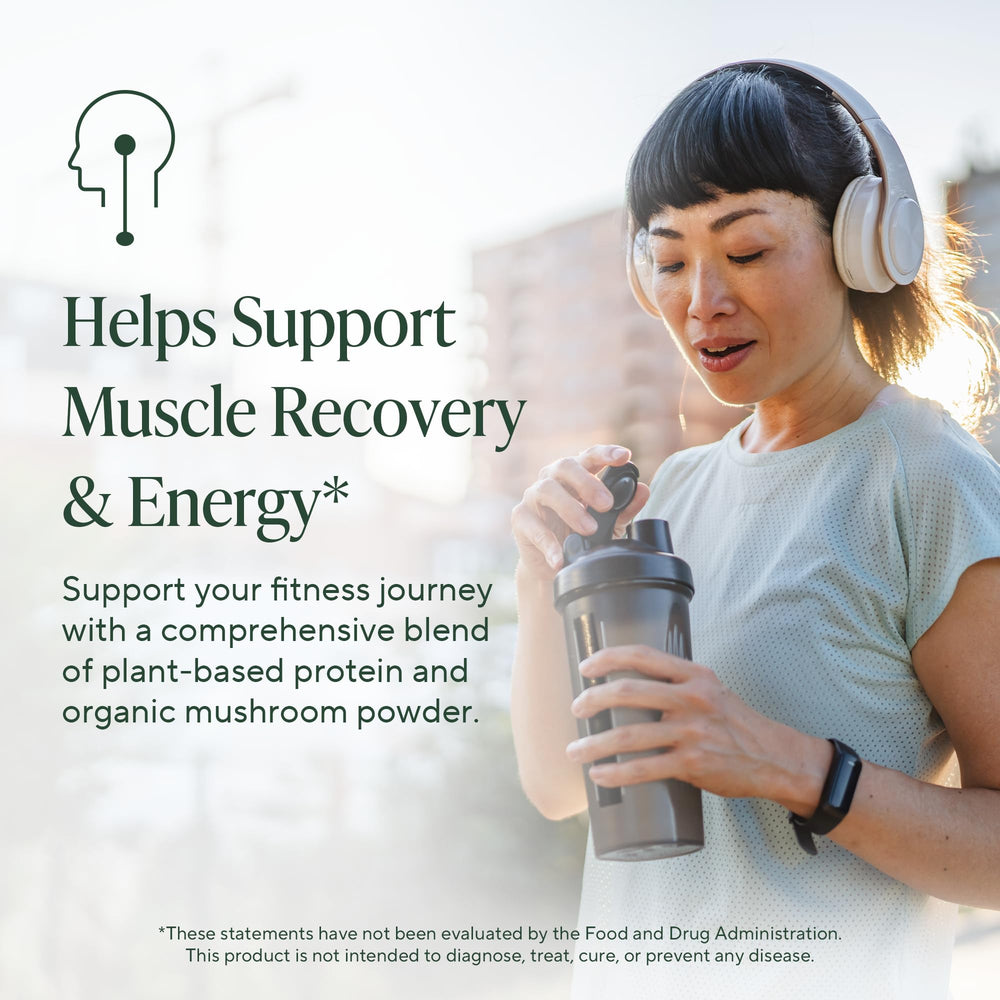 OM Master Blend stirred into coffee for an energizing vegan protein drink.