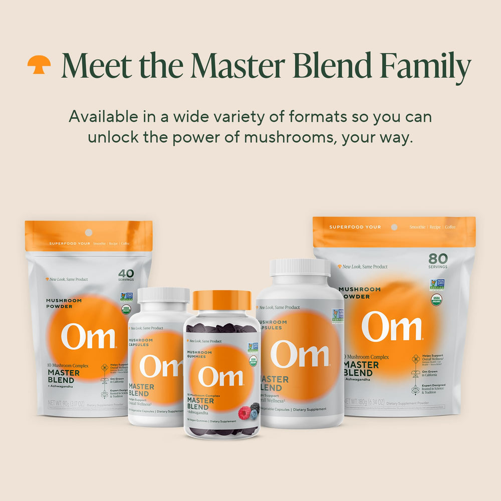 OM Master Blend daily-use setup shows a bottle beside a glass.