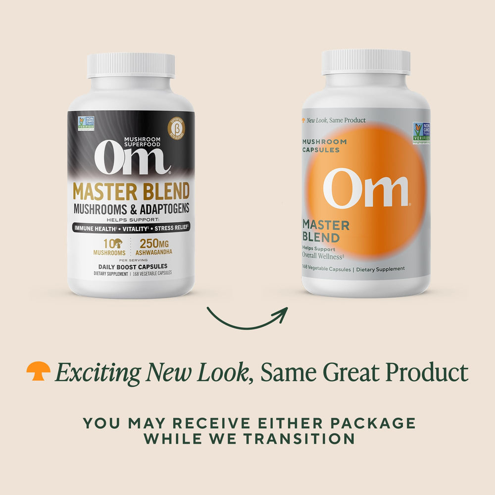 OM Master Blend ingredients panel highlights lion’s mane, reishi, cordyceps and more.