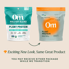 OM Master Blend scoop with powder ready to mix for quick plant protein boost.