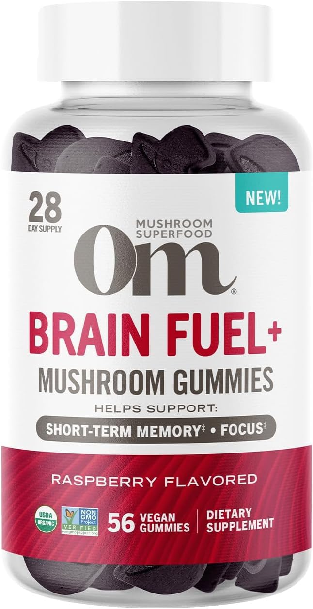 OM Mushroom Brain Fuel+ Gummies bottle featuring USA-grown Lion's Mane for focus support.
