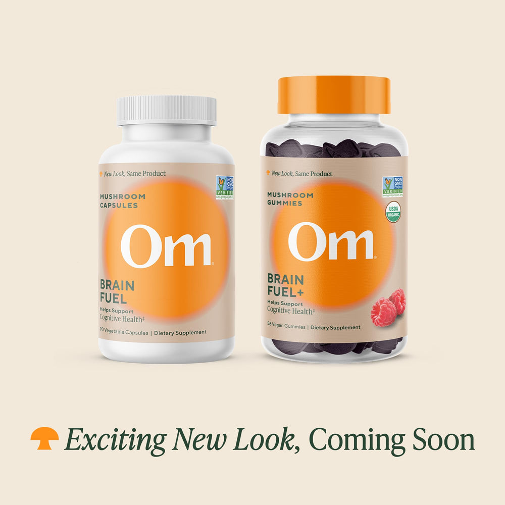 OM Mushroom Brain Fuel+ Gummies raspberry gummy close-up highlights tasty brain-boosting snack.