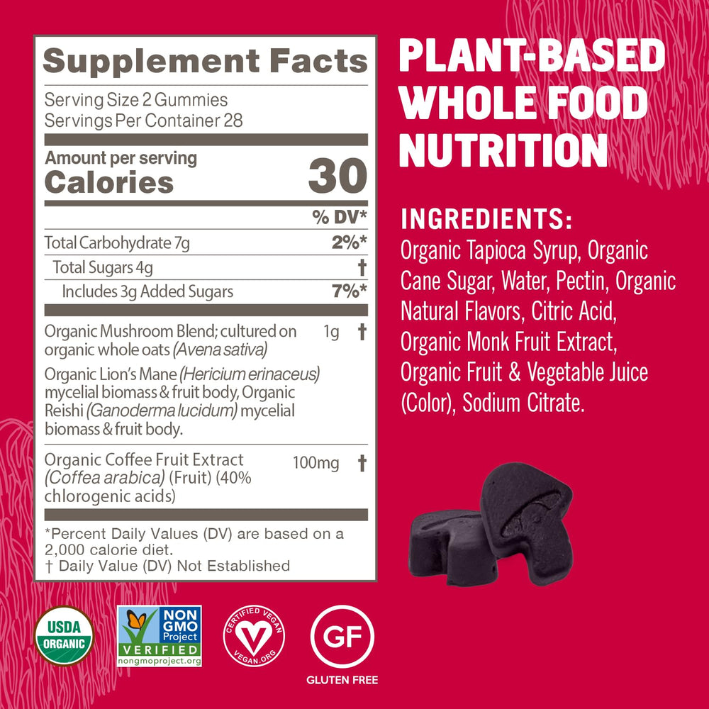 OM Mushroom Brain Fuel+ Gummies USA grown branding on package.