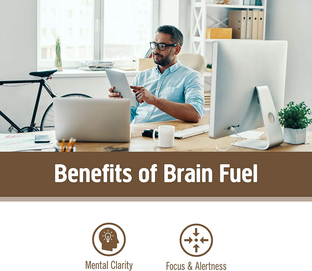 Label on OM Brain Fuel highlighting organic full-spectrum blend