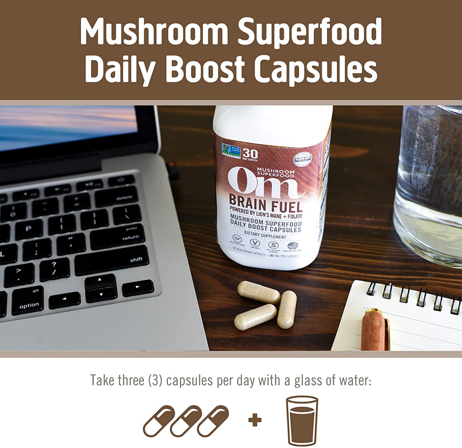 Third-party testing badge on OM Brain Fuel packaging