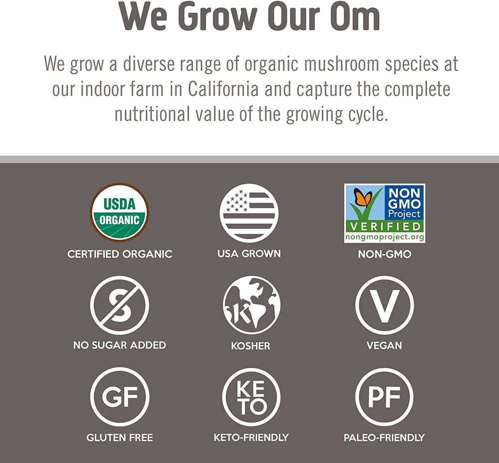 OM Mushroom Superfood Chaga organic certifications badge communicates trust and purity.