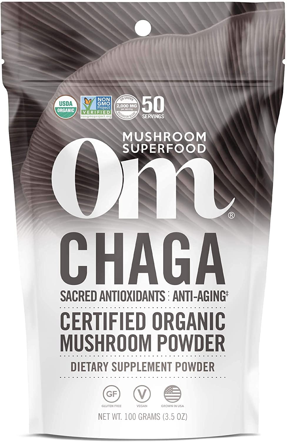 OM Mushroom Superfood Chaga powder jar showcases antioxidant support for daily wellness.