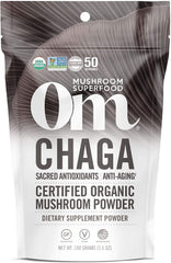 OM Mushroom Superfood Chaga powder jar showcases antioxidant support for daily wellness.